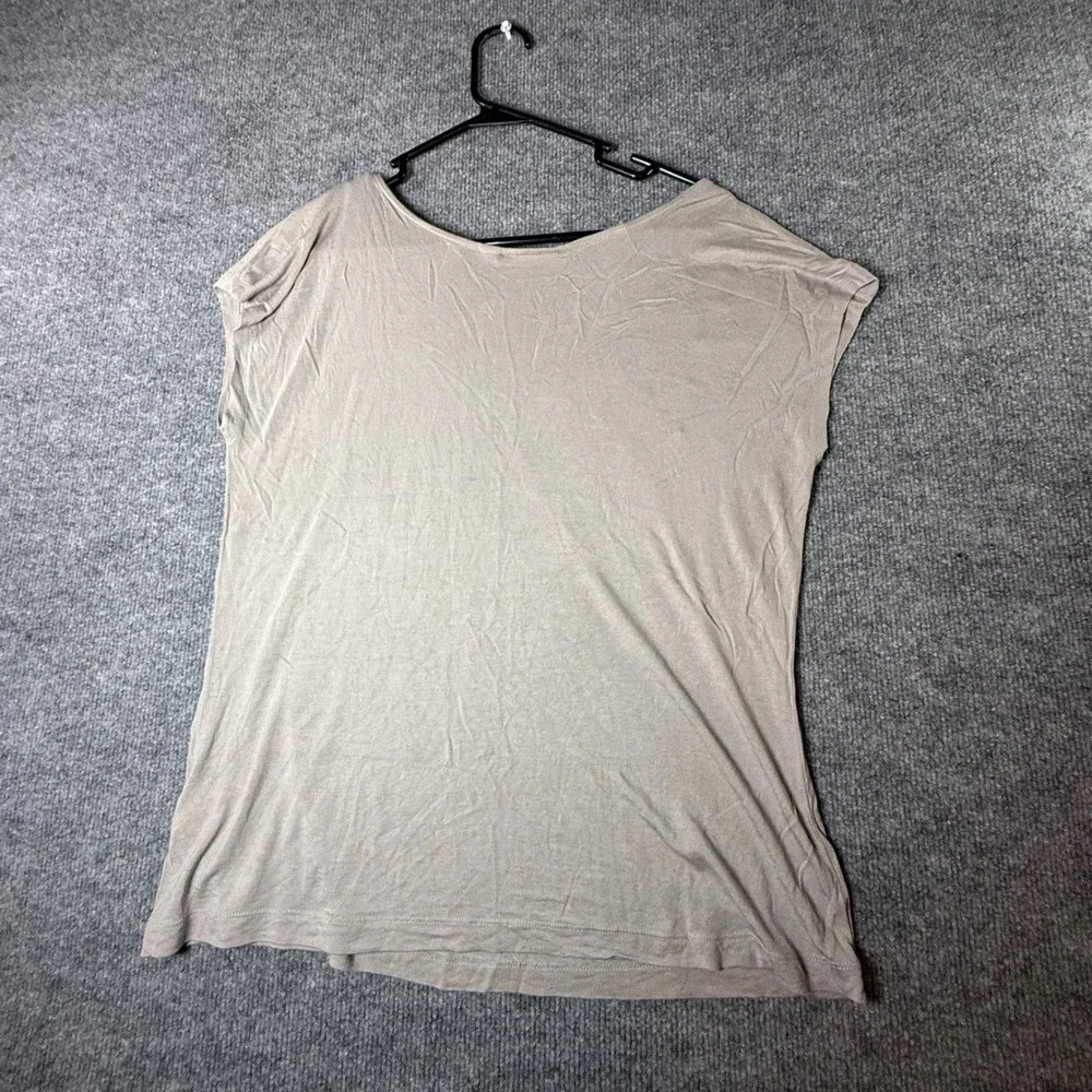 ELLE Womens Taupe Beaded Polka Dot Cap Sleeve Scoop Neck Rayon Top Large